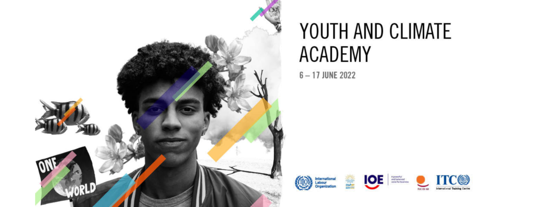ITC-ILO Youth and Climate Academy visual to promote the academy program, including a boy surrounded by climate change symbols